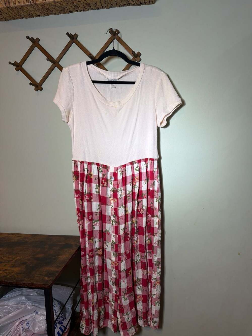 Vintage Expo 90s Gingham Floral Mixed Media Maxi Dress Size 14